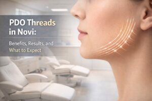 PDO threads treatment illustration showing lifted jawline and skin tightening effect on the lower face, highlighting non-surgical facial rejuvenation results in a clinical setting
