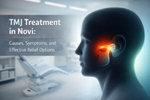 TMJ treatment illustration showing jaw joint inflammation highlighted in a human profile, representing causes, symptoms, and effective pain relief options in a clinical setting