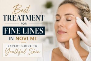 Best treatment for fine lines showing a woman receiving a facial skin assessment by a professional, highlighting anti-aging care for smoother, youthful-looking skin