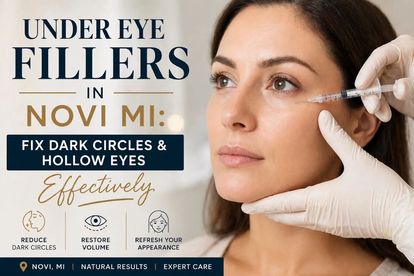 Under eye fillers treatment showing a practitioner administering an injection beneath the eye to reduce dark circles and restore volume for a smoother, refreshed appearance